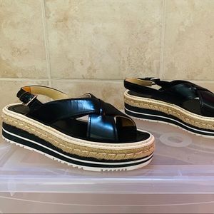 BLACK LEATHER SLINGBACK PLATFORM ESPADRILLES